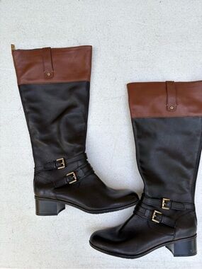Bandolino Black and Brown Two-Tone Over-the-Knee Buckle Boots